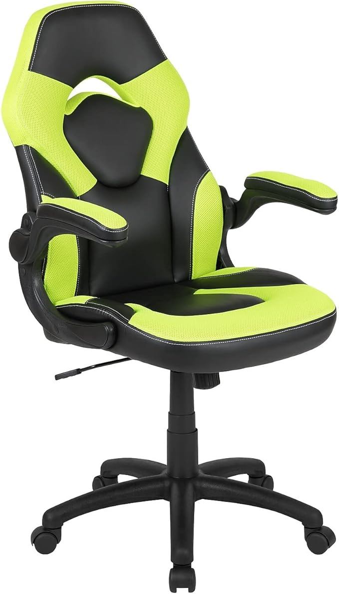 Flash Furniture X10 Gaming Chair Racing Office Ergonomic Computer PC Adjustable Swivel Chair with Flip-up Arms, Neon Green/Black LeatherSoft