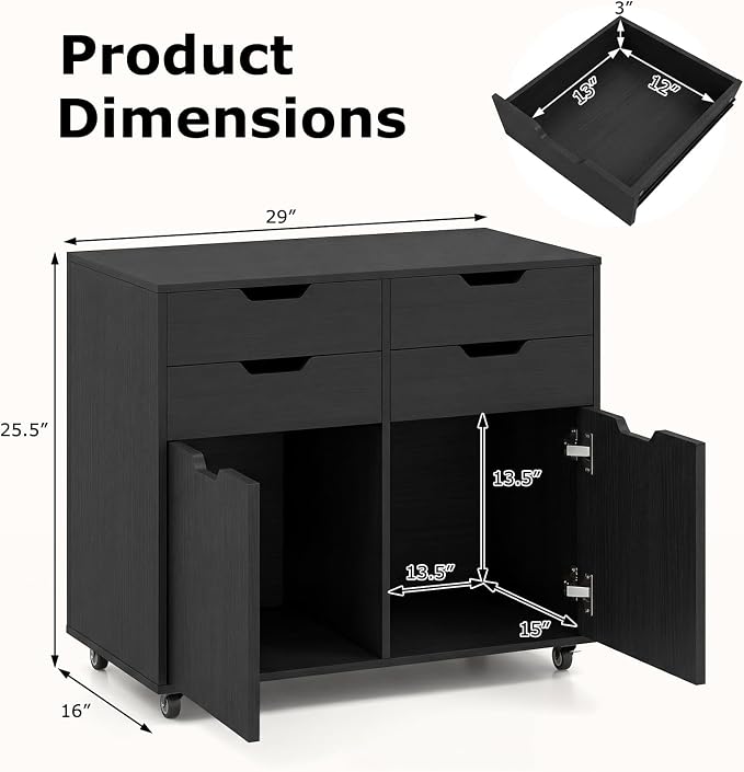 LOKO Mobile File Cabinet with 4 Drawers, Rolling Under-Desk Filing Cabinet, Wooden Chest of Drawers with Universal Wheels, Modern Printer Stand for Home Office Organization and Storage (Black)