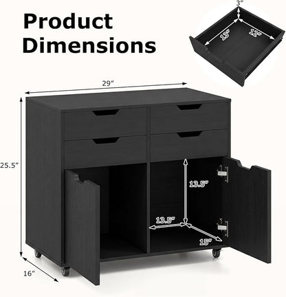 LOKO Mobile File Cabinet with 4 Drawers, Rolling Under-Desk Filing Cabinet, Wooden Chest of Drawers with Universal Wheels, Modern Printer Stand for Home Office Organization and Storage (Black)