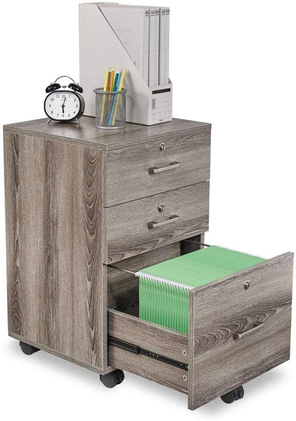 Bonnlo 26"H 3 Drawer File Cabinet With Lock, Rolling Under Desk, Mobile for Home Office, Wood Printer Stand for Letter Size Filings, Assembly Required, Gray Oak