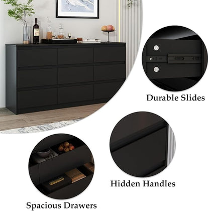 Home Office Cabinet with 9 Storage Units, 63” Lateral File Cabinet with No Handle Drawers, Wide Storage Cabinet, Black, 15.7”D x 63”W x 31.5”H
