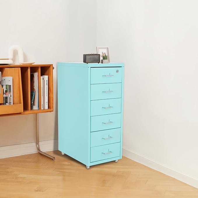 Vertical File Cabinet, 6 Drawers Rolling File Organizer Cabinets with Lock, Heavy Duty Metal Storage Cabinet, Movable Under Desk Filing Cabinet for Office, Study, Dresser (Blue)