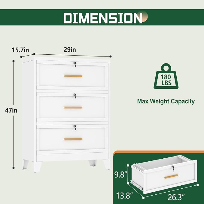 erosoei 3 Drawer File Cabinet with Lock, Metal Lateral File Cabinets for Home Office, Steel Wide Filing Organization Storage Cabinets, Home Office Furniture for Hanging Files Letter/Legal/F4/A4 Size