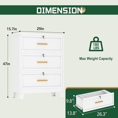 erosoei 3 Drawer File Cabinet with Lock, Metal Lateral File Cabinets for Home Office, Steel Wide Filing Organization Storage Cabinets, Home Office Furniture for Hanging Files Letter/Legal/F4/A4 Size