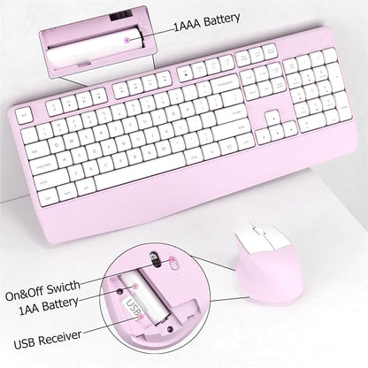 Wireless Keyboard and Mouse Combo, Ergonomic Keyboard with Wrist Rest, 2.4Ghz Wireless Connection, Compatible with PC/Laptop/Windows/Mac for Home and Office Use (White Pink)