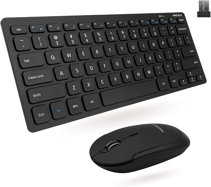 Macally Small Wireless Keyboard and Mouse Combo - Quiet Productivity Duo - 2.4G Wireless Compact Keyboard and Mouse for PC - 78 Key Mini Keyboard and Mouse with Slim Body, Click Buttons, & 3 DPI Modes
