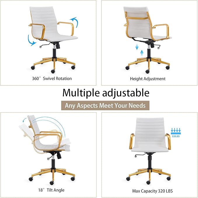Office Chair with Arms, White and Gold Faux Leather Desk Chair, Adjustable Swivel Task Seating for Women, Vanity Room and Home Office