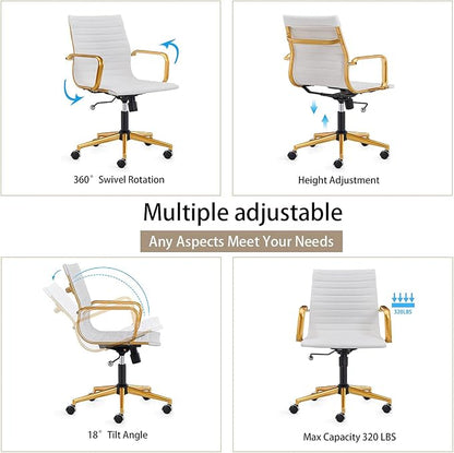 Office Chair with Arms, White and Gold Faux Leather Desk Chair, Adjustable Swivel Task Seating for Women, Vanity Room and Home Office