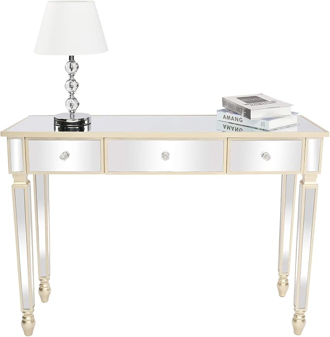 Henf Mirrored Console Table, Modern Makeup Vanity Desk Dressing Table with 3 Drawers, Contemporary Vanity Sofa Table for Entryway/Living Room/Bedroom (Champagne Gold)