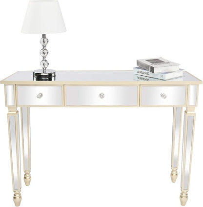 Henf Mirrored Console Table, Modern Makeup Vanity Desk Dressing Table with 3 Drawers, Contemporary Vanity Sofa Table for Entryway/Living Room/Bedroom (Champagne Gold)