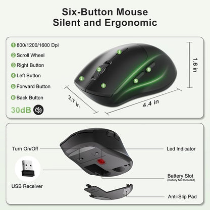 Wireless Keyboard and Mouse Combo, 2.4G Full Size Wave Keys Ergonomic Keyboard with Wrist Rest, Phone Holder, 3-Level DPI Wireless Silent Mouse with 6-Buttons, for Windows (Avocado Green and Black)