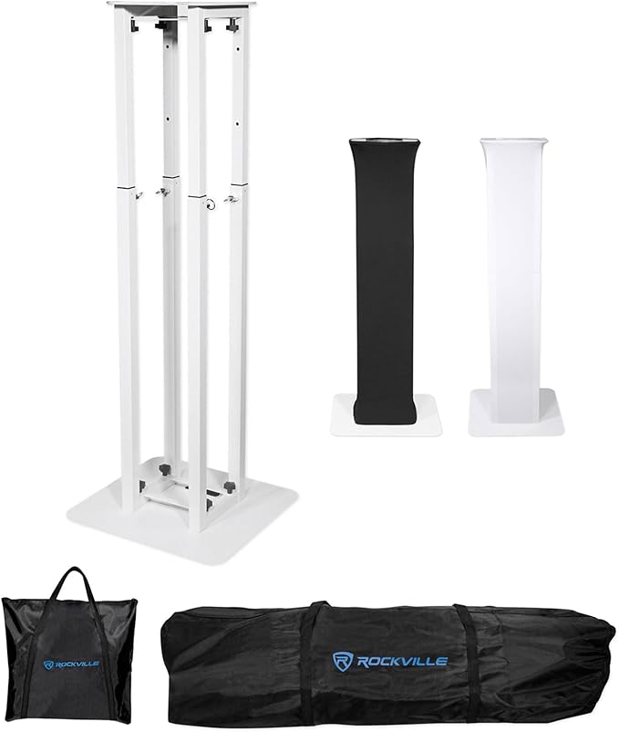 Rockville RTP32W White Totem Moving Head Light Stand with Scrims and Bags | Black and White Scrims, 2 Carry Bags, 39"-69" Adjustable Height, 132 lb Capacity, 35mm Pole Adapter, Steel, Tool-Free Setup