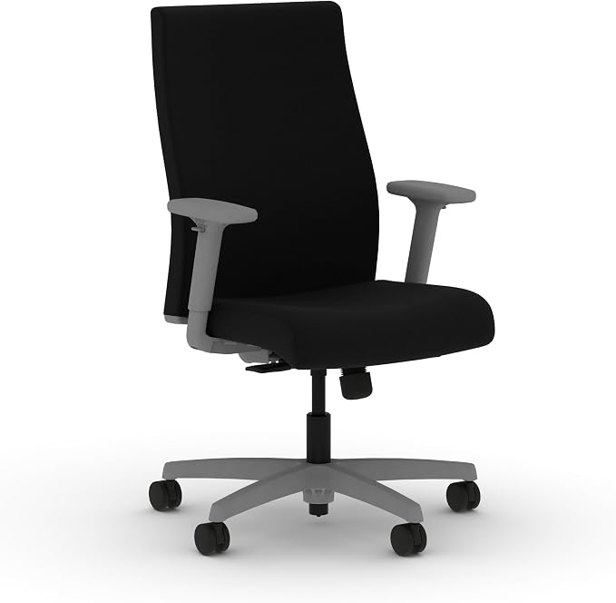 HON Ignition 2.0 Ergonomic Office Chair with Adjustable Arms, Standard Synchro‑Tilt Recline, Upholstered Desk and Computer Chair for Home Office or Workstation, Titanium Frame, Black