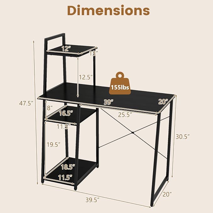 Tangkula Computer Desk with Shelves, Space Saving Home Office Desk with 3-Tier Ladder Shaped Storage Bookshelf, Modern Writing Study Desk with Metal Frame, Compact Computer Workstation (Black)