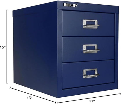 Bisley 3-Drawer Steel MultiDrawer Cabinet - Oxford Blue | Chrome Pull Handles with Label Holders, Powder-Coated Steel, Removable Drawers, Desktop Storage, Labels Included