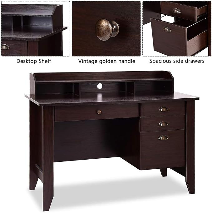 48" Computer Desk with 4 Storage Drawers and Hutch Wood Executive Table for PC Laptop