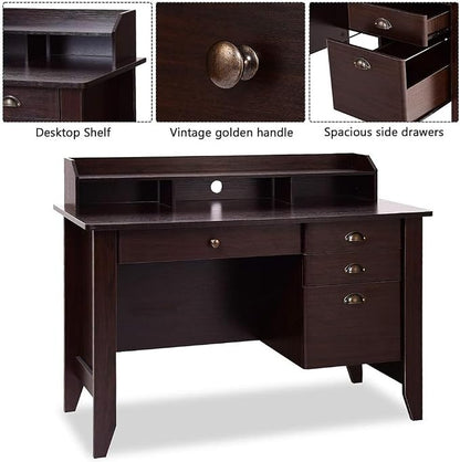 48" Computer Desk with 4 Storage Drawers and Hutch Wood Executive Table for PC Laptop