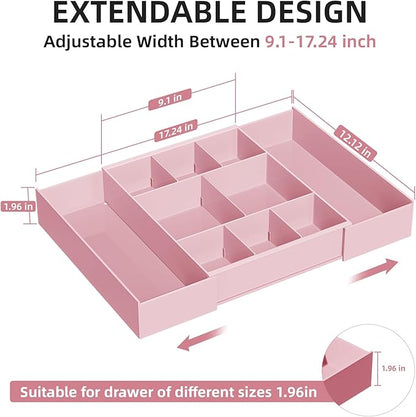 Marbrasse Expandable Desk Drawer Organizer, Clear Plastic Drawer Organizer Tray with 10 Adjustable Compartments, Desk Organizers and Accessories, 5 Drawer Dividers for Office Supplies, Makeup (Pink)