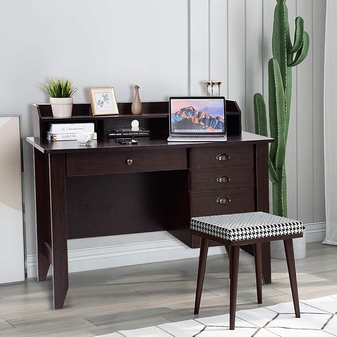 48" Computer Desk with 4 Storage Drawers and Hutch Wood Executive Table for PC Laptop
