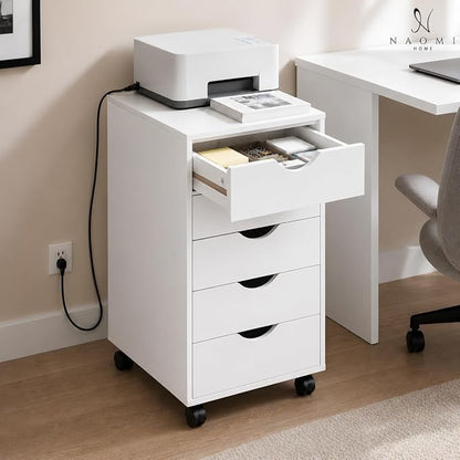 Naomi Home Under Desk Office File Cabinet with 5 Drawers, Rolling Storage Organizer with Lockable Wheels, Handle-Free Design & Spacious Top Surface, Compatible Cabinet for Home Office - White