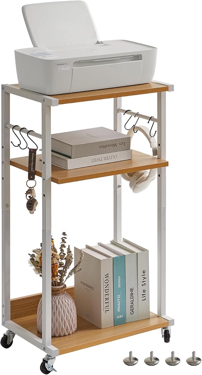 YMYNY Mobile Printer Stand, 3-Tier Printer Cart with Adjustable Storage Shelf and 6 S-Hooks, Tall Printer Table for Home Office, for Computer Tower Stand, Shredder, CPU Stand, Natural, UHPT002N