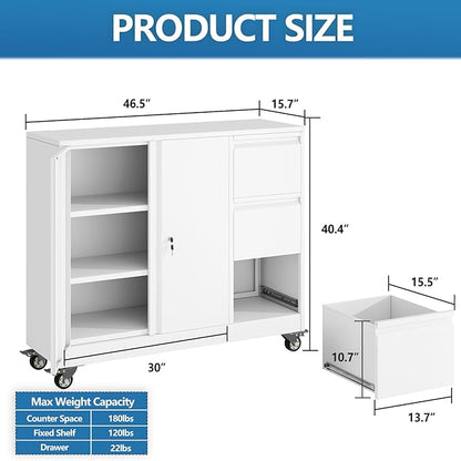 pozdeg Lockable Lateral File Cabinet with Gooseneck Handle, 3 Drawer Mobile Rolling File Cabinet with Wheels, Anti-Rust Sturdy Steel Cabinet for Home Office Workspace Organization (White)