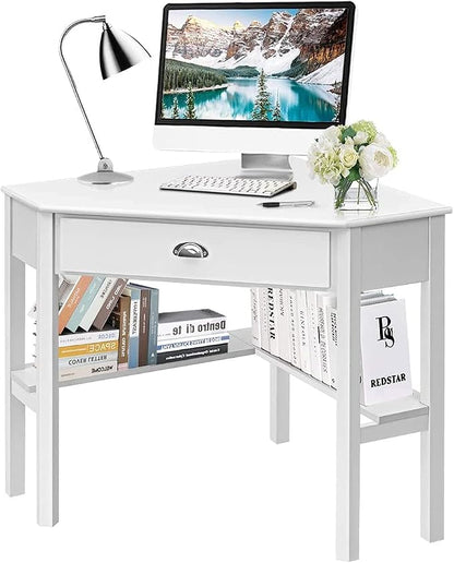 HOMGX Corner Desk With Storage Drawer and Shelves - Writing and Study Computer Workstation for Home Office, White