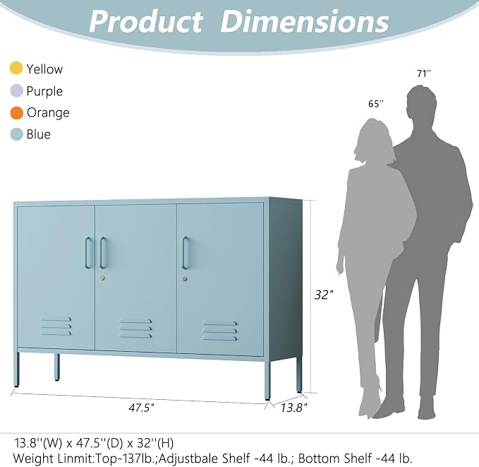 Blue Metal Storage Cabinet with Lock, 47.5" Wide Ventilated Door Locker, 2 Adjustable Shelves, Heavy Duty Home Accent Cabinet for Living Room Kitchen Office Study