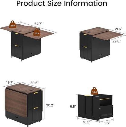 ModernMate 3-in-1 Folding Desk & File Cabinet, Fluted Multi-Storage Workspace with 4 Drawers, Lockable Wheels | Power Outlet | Fits A4/Letter Files, Space-Saving for Small Home Office, Black Walnut