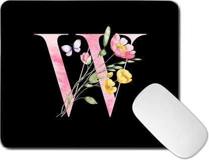 Mouse Pad Pinks Flowers Initial Letters Mousepad Desktop Laptop Computer Accessories Home Office Gaming Work Desk Computer Non-Slip Rubber Monogram Floral Alphabet A-Z mousepad (W)
