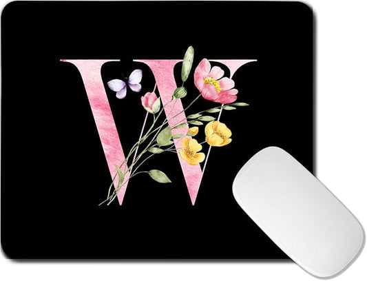 Mouse Pad Pinks Flowers Initial Letters Mousepad Desktop Laptop Computer Accessories Home Office Gaming Work Desk Computer Non-Slip Rubber Monogram Floral Alphabet A-Z mousepad (W)