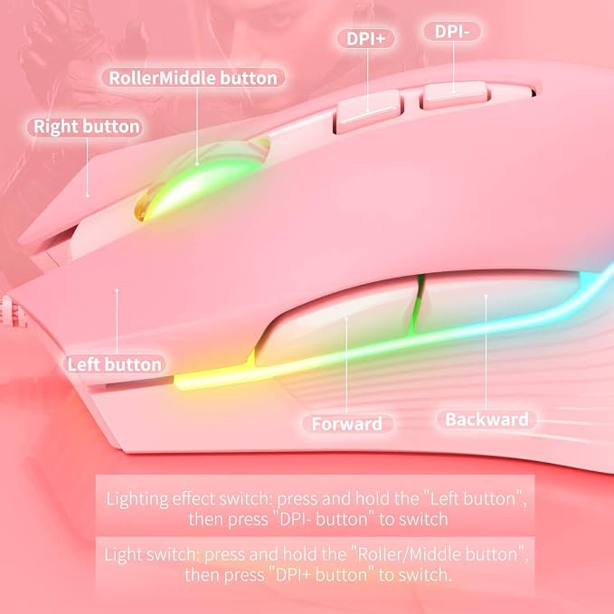 RGB Gaming Mouse Wired, USB Optical Computer Mice with RGB Backlit, 6 Adjustable DPI Up to 6400, Ergonomic Gamer Laptop PC Mouse with 7 Programmable Buttons for Windows Vista Linux (Pink)