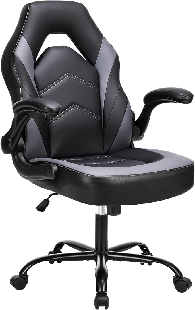 NEWBULIG Gaming Office Chair, Ergonomic High-Back with Flip-Up Armrests, Adjustable Height, Lumbar Support, PU Leather Comfort Seat & 360° Silent Swivel Wheels, for Home/Office, Grey