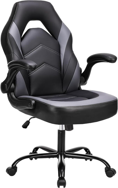 NEWBULIG Gaming Office Chair, Ergonomic High-Back with Flip-Up Armrests, Adjustable Height, Lumbar Support, PU Leather Comfort Seat & 360° Silent Swivel Wheels, for Home/Office, Grey