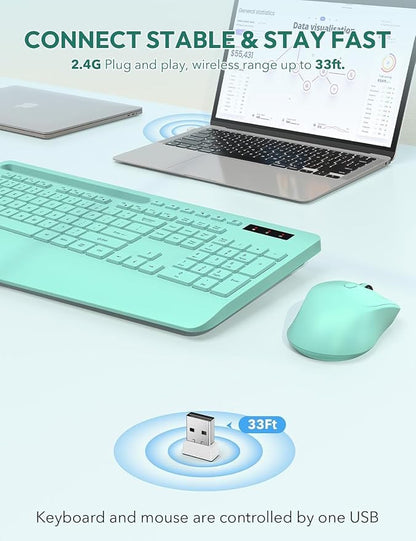 SABLUTE Wireless Keyboard and Mouse, Wrist Rest, Phone Holder, Battery Powered, 2.4G Lag-Free Ergonomic Keyboards Mouse Combo, KM23D Silent Keyboards Set for PC, Laptop, PC, Windows, Mint Green