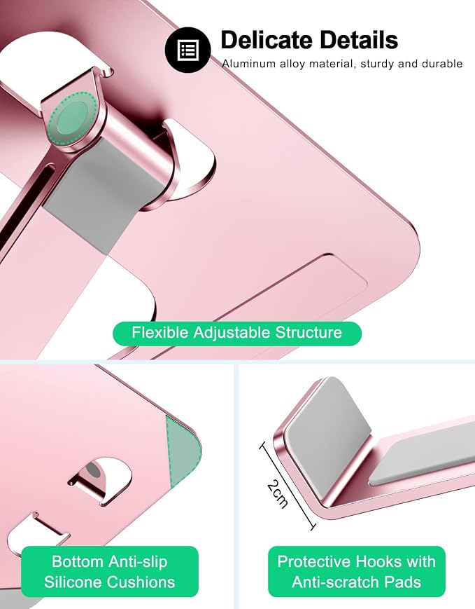 RIWUCT Foldable Aluminum Alloy Laptop Stand for Desk, Height Adjustable Ergonomic Computer Stand, Portable Laptop Riser Holder Printer Stand Compatible with MacBook Pro Air/HP/Dell 10-16", Pink