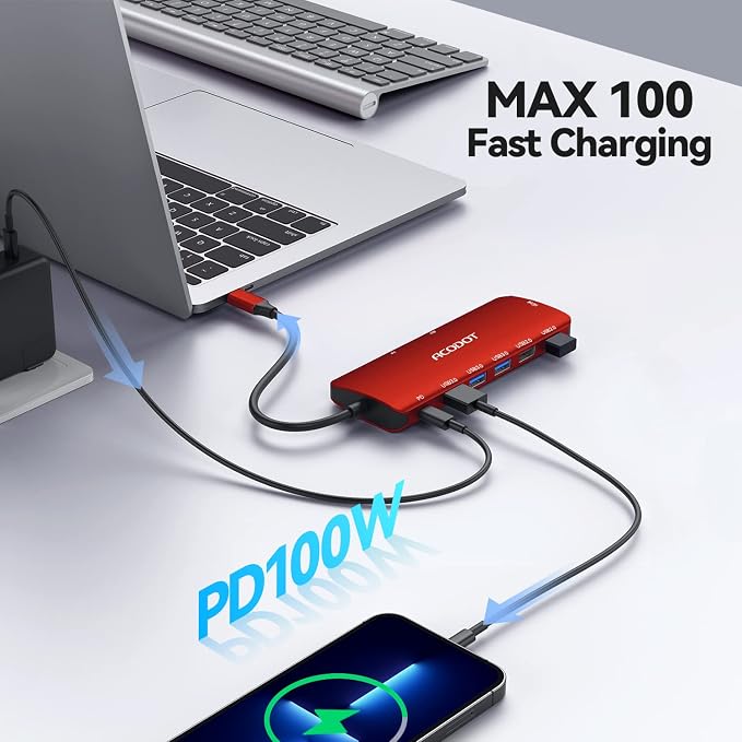USB C Hub, 9-in-1 Multi-Port USB Adapter, 4K@60Hz HDMI, 100W Max PD, 3 USB3.0(5Gbps) + 2 USB2.0 Data Ports, SD/TF Card Reader for MacBook, iPad Pro, Dell, HP, Lenovo, Windows Laptop, Red