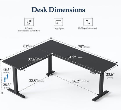 Klicelor L Shaped Standing Desk 75 x 61 Inch, Electric Height Adjustable Corner Desk for Home Office Workstation, Ergonomic Sit Stand Computer Table with Memory Controller, Black