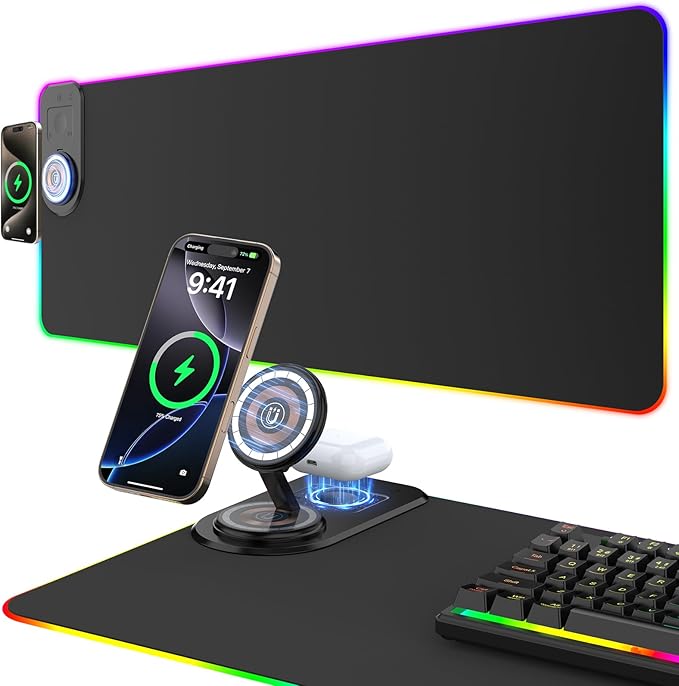 Gaming Mouse Pad Wireless Charging - Desk Mat Magnetic Foldable Phone Stand 15W Fast Charge, RGB Extended Large Keyboard Mousepad - PC Laptop Desk Pad for Work Game (Adapter Not Included)