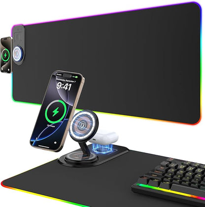 Gaming Mouse Pad Wireless Charging - Desk Mat Magnetic Foldable Phone Stand 15W Fast Charge, RGB Extended Large Keyboard Mousepad - PC Laptop Desk Pad for Work Game (Adapter Not Included)