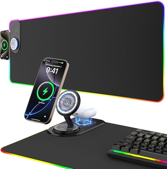 Gaming Mouse Pad Wireless Charging - Desk Mat Magnetic Foldable Phone Stand 15W Fast Charge, RGB Extended Large Keyboard Mousepad - PC Laptop Desk Pad for Work Game (Adapter Not Included)