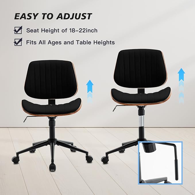 Armless Desk Chair with 360°Swivel Wheels, Ergonomic Adjustable Height Computer Chair for Home Office,PU Leather with Modern Walnut Drafting Chairs for Office, Reading Nook(Black)