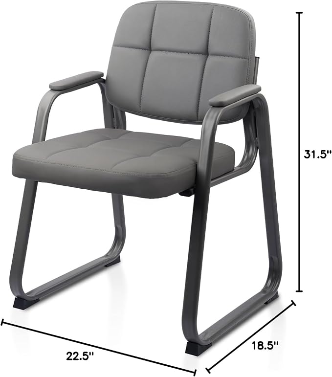 CLATINA Waiting Room Chair | Leather Guest Chair with Padded Arms no Wheels for Office Reception Conference Desk with Sled Base Grey, 1PK
