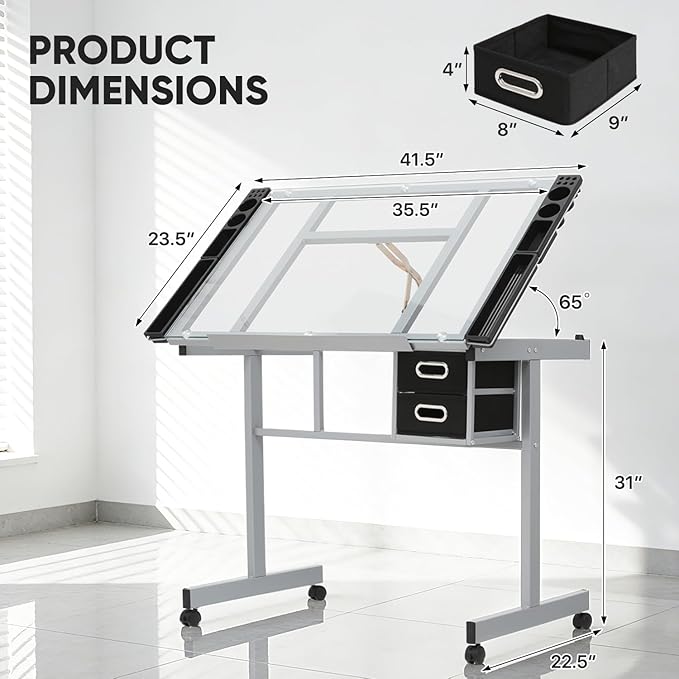 Magshion Professional Drafting Table for Adults Teens, Tilting Glass Tabletop Art Craft Desk Diamond Watercolor Paintings Sketching Work Station for Home Office Reading, Writing, Crafting (Clear)