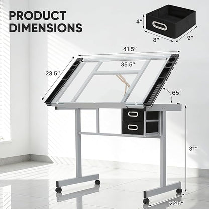 Magshion Professional Drafting Table for Adults Teens, Tilting Glass Tabletop Art Craft Desk Diamond Watercolor Paintings Sketching Work Station for Home Office Reading, Writing, Crafting (Clear)