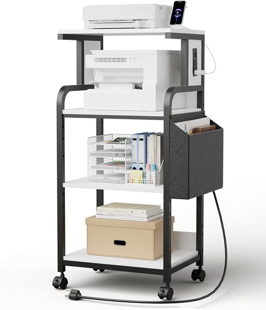 Tall Printer Stand with Charging Station, 4-Tier Mobile Cart, White | Adjustable Shelf for Home Office,Fits 3D Printer Shredder Scanner Fax