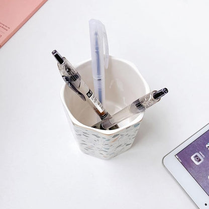 Pen Holder, Makeup Brush Holder Ceramic Gold Nordic Terrazzo Marble Pattern Pencil Cup for Girls Kids Women Durable Desk Organizer Storage Gift for Office, Classroom, Home Modern Light Blue