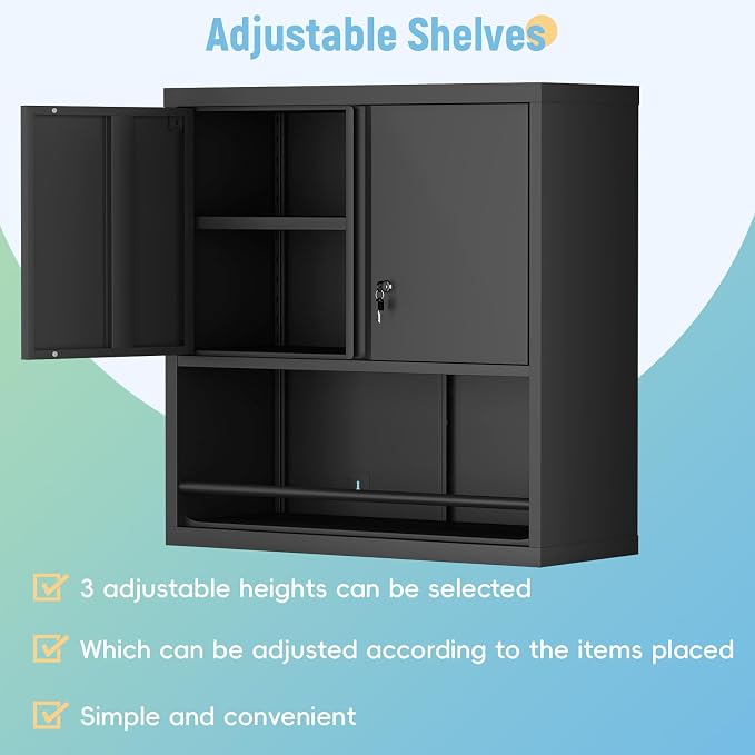 IRONFFICE Garage Storage Cabinets,Metal Wall Cabinet with Doors and Shelves,Locking Storage Cabinet for Workshop,Warehouse,Home Office,Black