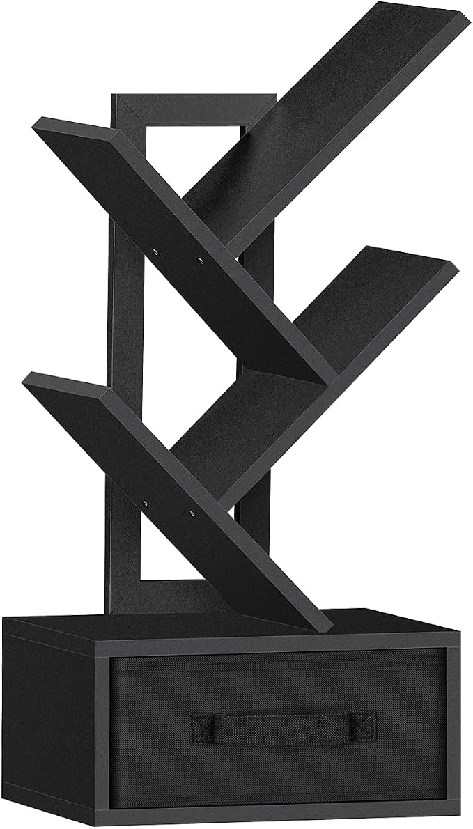 SHEEPAM Small Book Shelf with Drawer,4 Tier Black Tree Bookshelf,Wooden Desktop Bookcase,Modern Desk Display Storage Bookshelves,Floor Standing Organizer Bookcases for Living Room,Bedroom,Office