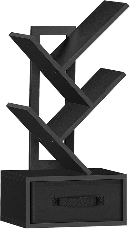 SHEEPAM Small Book Shelf with Drawer,4 Tier Black Tree Bookshelf,Wooden Desktop Bookcase,Modern Desk Display Storage Bookshelves,Floor Standing Organizer Bookcases for Living Room,Bedroom,Office